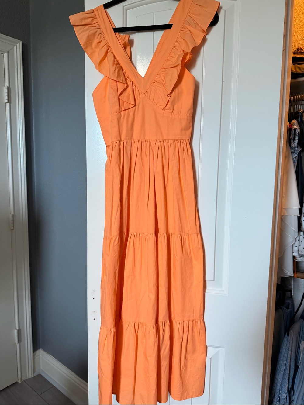 Francescaâs Orange Ruffle V-Neck Tiered Maxi Dress